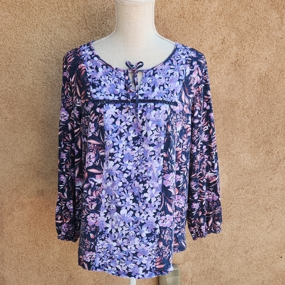 Vintage America Moody Floral Flowy Lace Detail 3/4 Sleeve Peasant Blouse